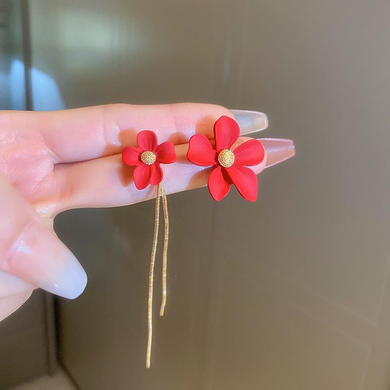 Super fairy pink flower love fringed earrings versatile temperament earrings light luxury earrings women
