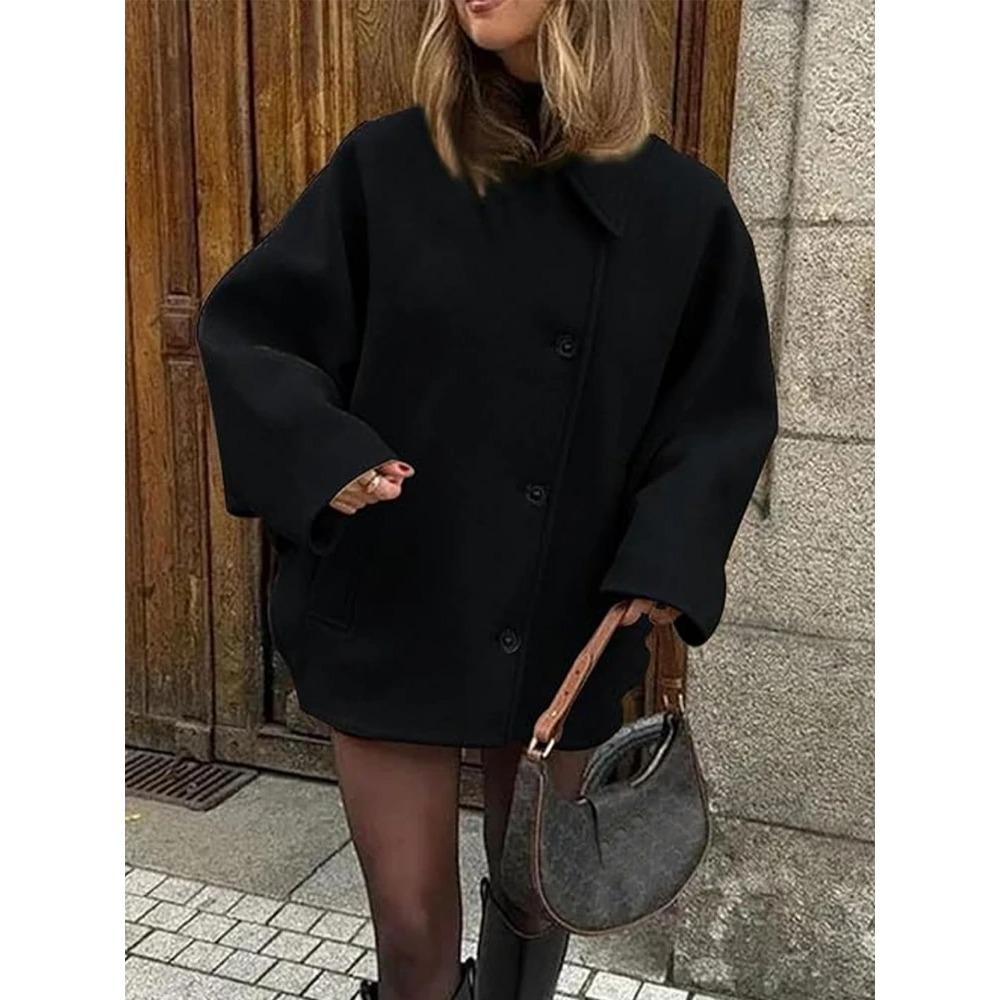 Women's Oblique Button Loose Batwing Sleeve Jacket Coat Lapel Double Pocket Warm Solid Vintage Outerwear Fall Winter Coat