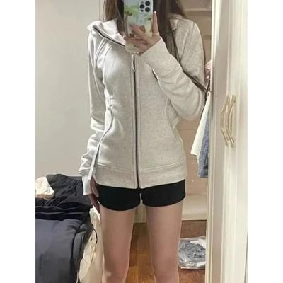 American Vintage Zkrácené mikiny s kapucí Dámské Korejský styl Streetwear Šedá Mikina na zip s kapucí Ležérní Y2k Slim Mikina