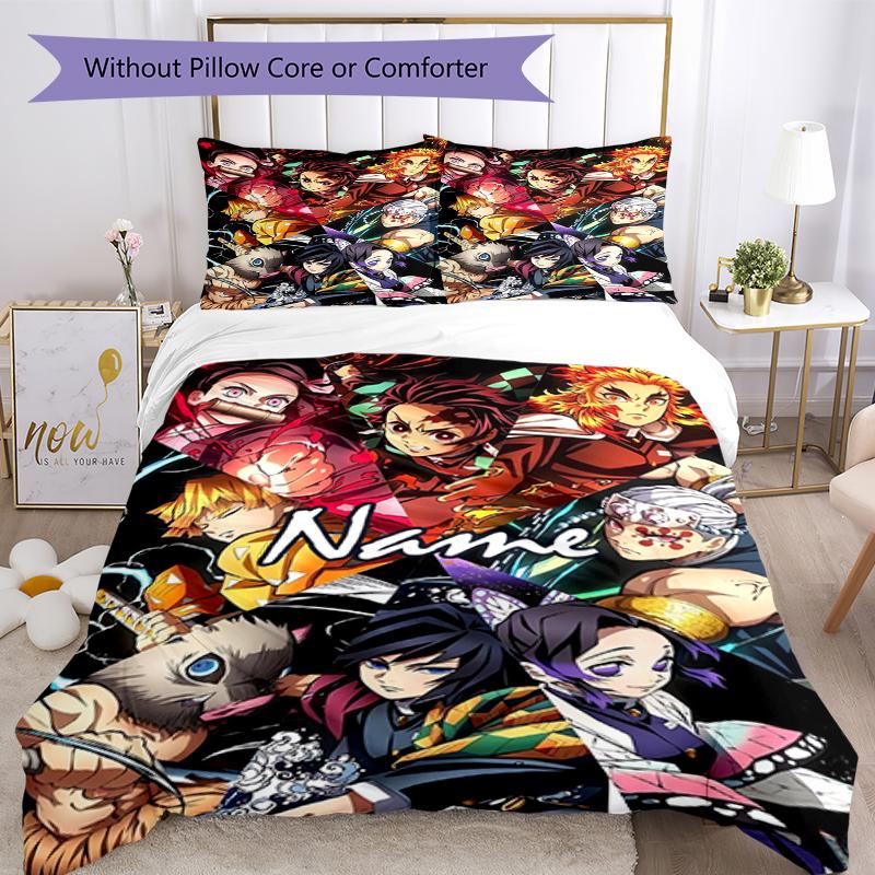 3pcs Custom Name Demon Slayer Bedding Set Duvet Cover Closure Includes 1 Duvet Cover & 2 Pillowcases, Soft and Comfortable for All Seasons.