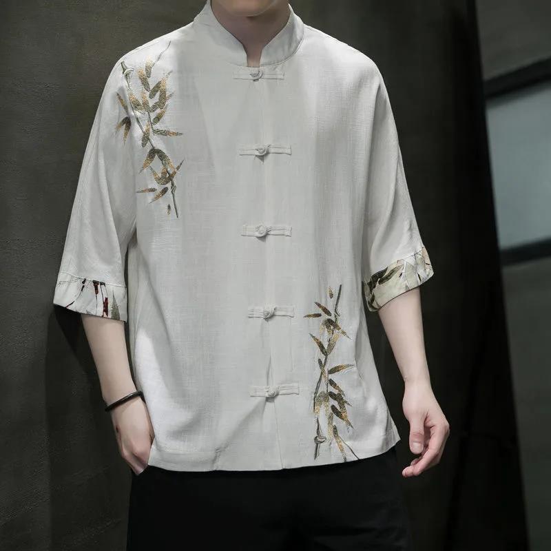 Men's Short Sleeve Shirt Chinese Style Men Mandarin Duck Button Embroidery Tops Summer Loose Plus Size Casual Shirt Men Hanfu