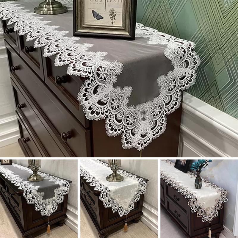 Lace Table Surface Runner Decoration Embroidered TV Dining Table Cloth Cover with Pendant Tassel Dresser Flag Dust Cloth Home Use Decoration