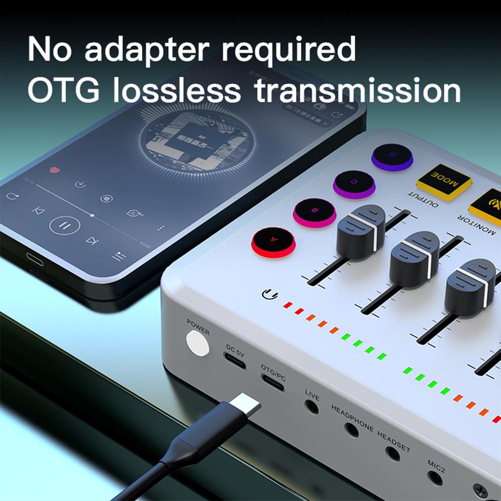 Gaming Audio Mixer Sound Card Effect RGB Live Streaming DJ Controller Console Audio Interface Mixer Soundpad 48V Phantom Power