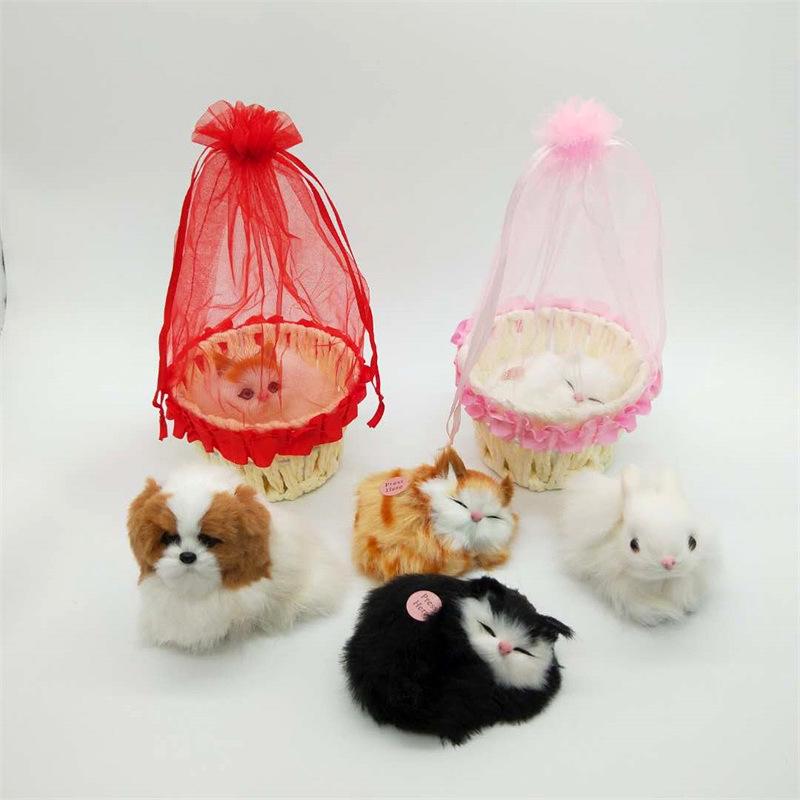 Pink & Yellow Yarn Tent Basket with Faux Fur Cat and Kitten Figurine