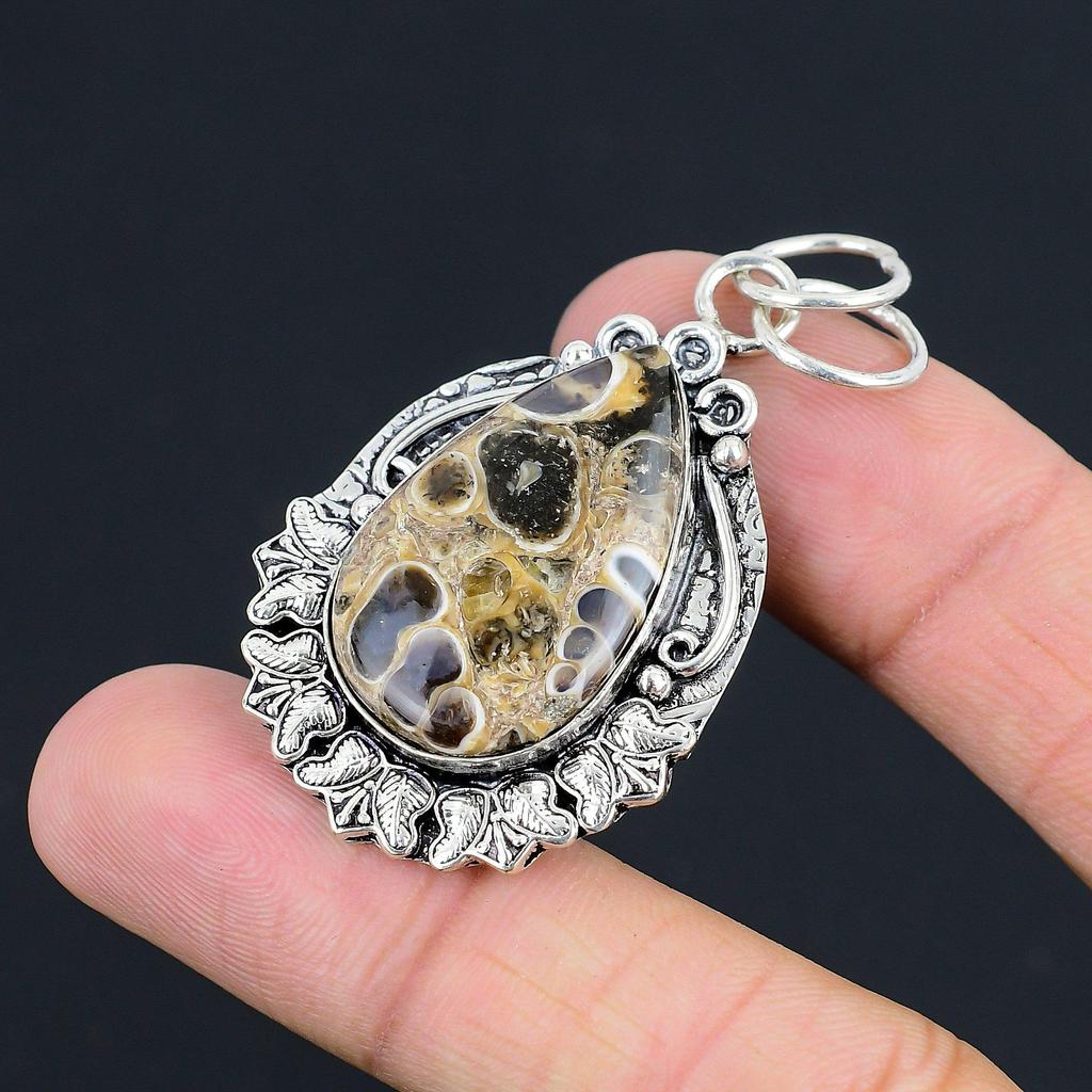 Daughters Day Deal 925 Silver Natural Turritella Agate Art Deco Handmade Pendant