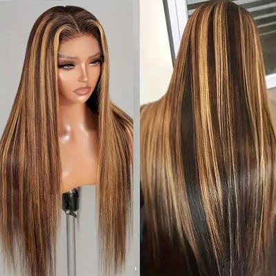 Women Long Straight Wig Middle Part Natural Silky Heat Resistant High Temperature Fiber Ladies Highlights Long Curly Synthetic Hair