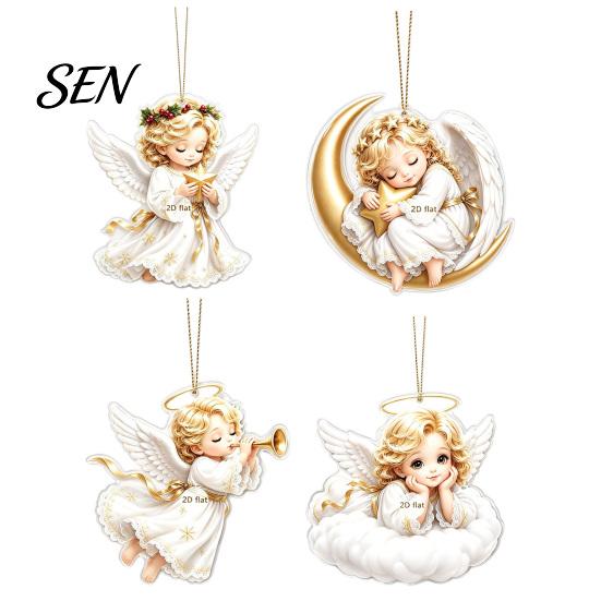 Festive Tree Ornament Christmas Angel Pendant with Lanyard, 2D Flat Acrylic Hanging for Holiday Gift Decoration, Cute Decor Party Car Window Stocking