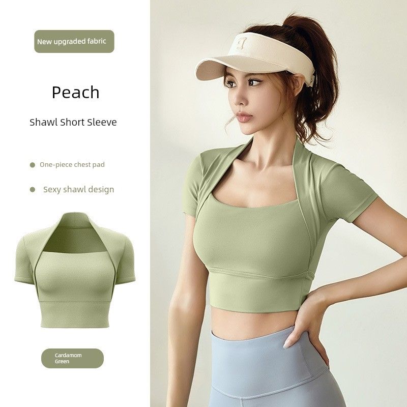 

Одежда для йоги с нагрудными вставками для женщин 2025 Новое поступление Бег Тренировка Футболка с коротким рукавом Имитация двойки Сексуальная Облегающая Утягивающая Cardamom Green L