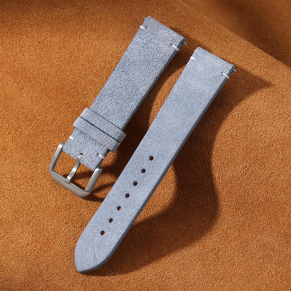 Suede Leather Watch Strap 20 22mm for Samsung Watch6/5/4 Soft Calfskin Bracelet Quick Release Band Handmade Stitching Wristband
