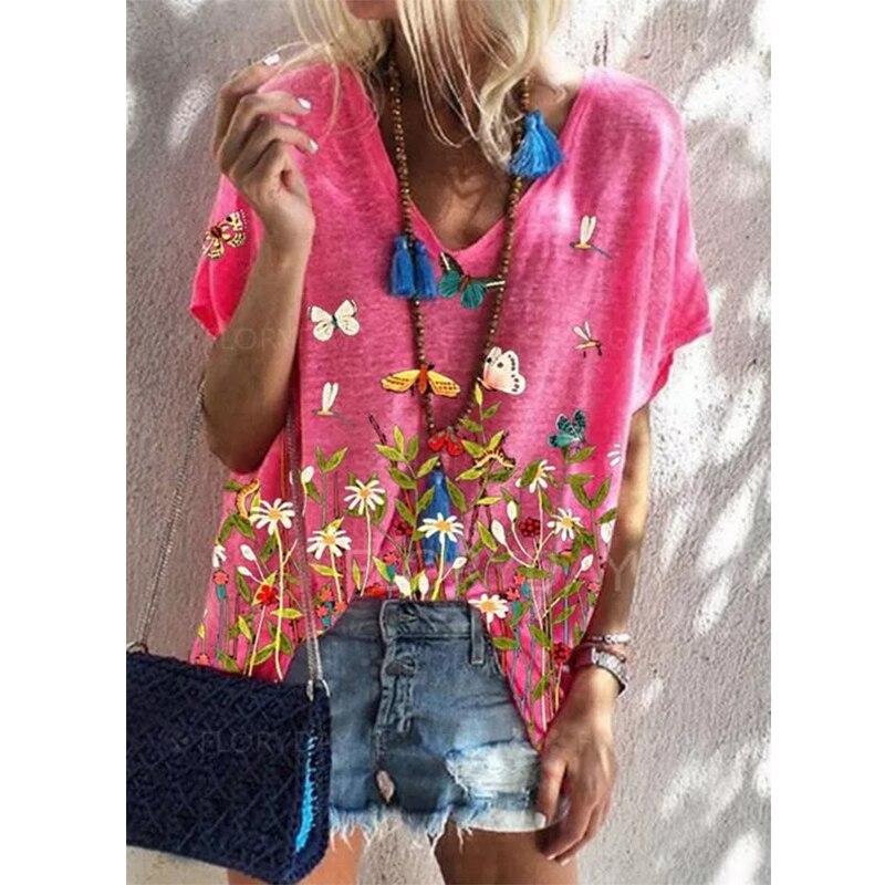 

Модні весняні блузки з квітковим принтом, футболки з коротким рукавом та V-подібним вирізом, повсякденні 8XL червоний