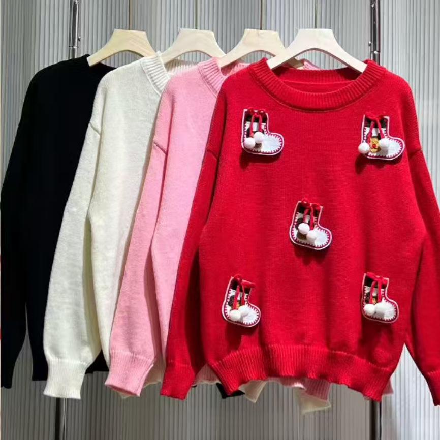 2025 Autumn/Winter Korean Style Women's Knit Sweater with 3D Christmas Decorations