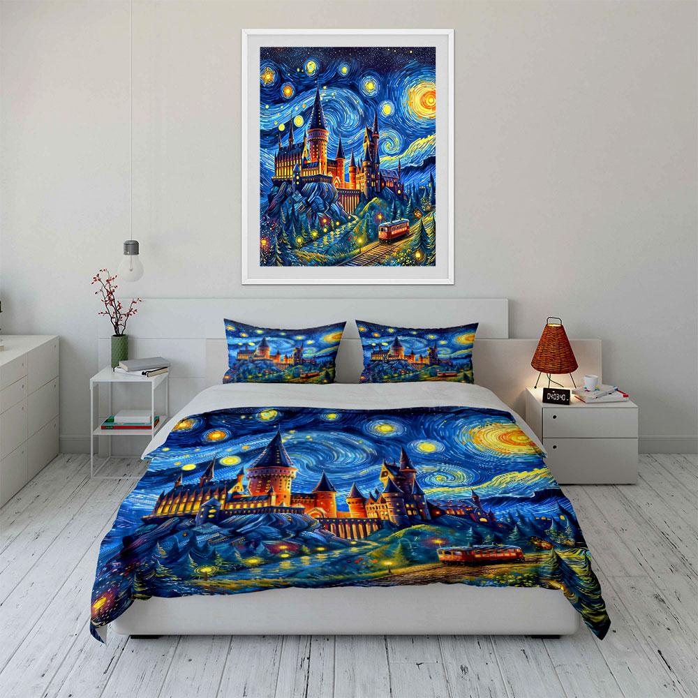 Starry Sky and Castle Fantasy Artwork Print Bedding Set 1Duvet Cover 2 Pillowcases for Adult and Children Luxury Gift Full Size