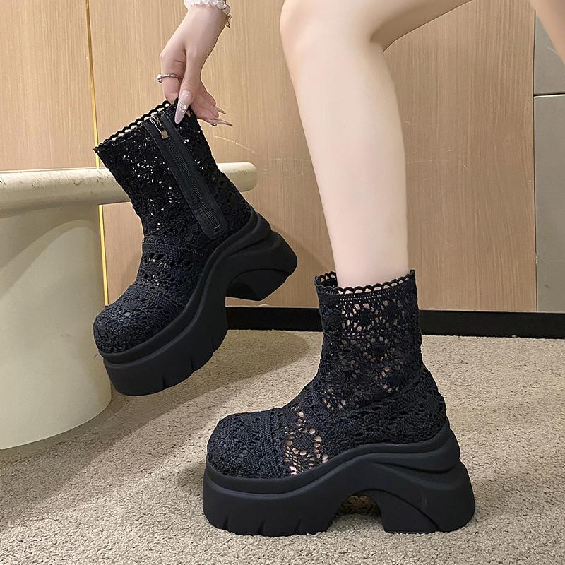Fashion Autumn Platform Thick Bottom Woman Ankle Boot Fashion Hollow Out Breathable Shoes Ladies Elegant Lace Mordern Sandalias Booties