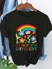 Women's Short Sleeve T-Shirt Rainbow Floral Graphic "It's Okay To Be Different" Letter Printed Summer Casual Round Neck Top
