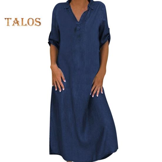 

Платье для леди на осень-весну с V-образным вырезом, короткими рукавами, запонками, разрезом по низу, платье больших размеров, однотонные пуговицы, пуловер А-силуэта, повседневная одежда, пляжное макси XXXXXL темно-синий