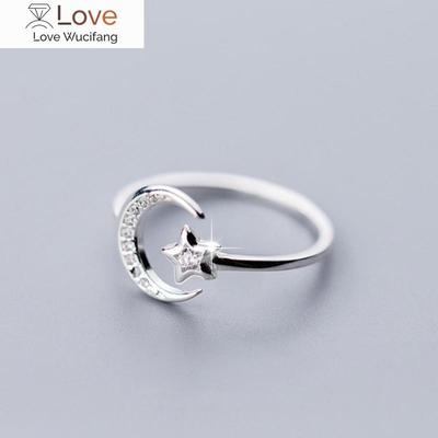 925 Sterling Silver Simple Zircon Moon Star Opening Ring For Women Girls Party Fine Jewelry