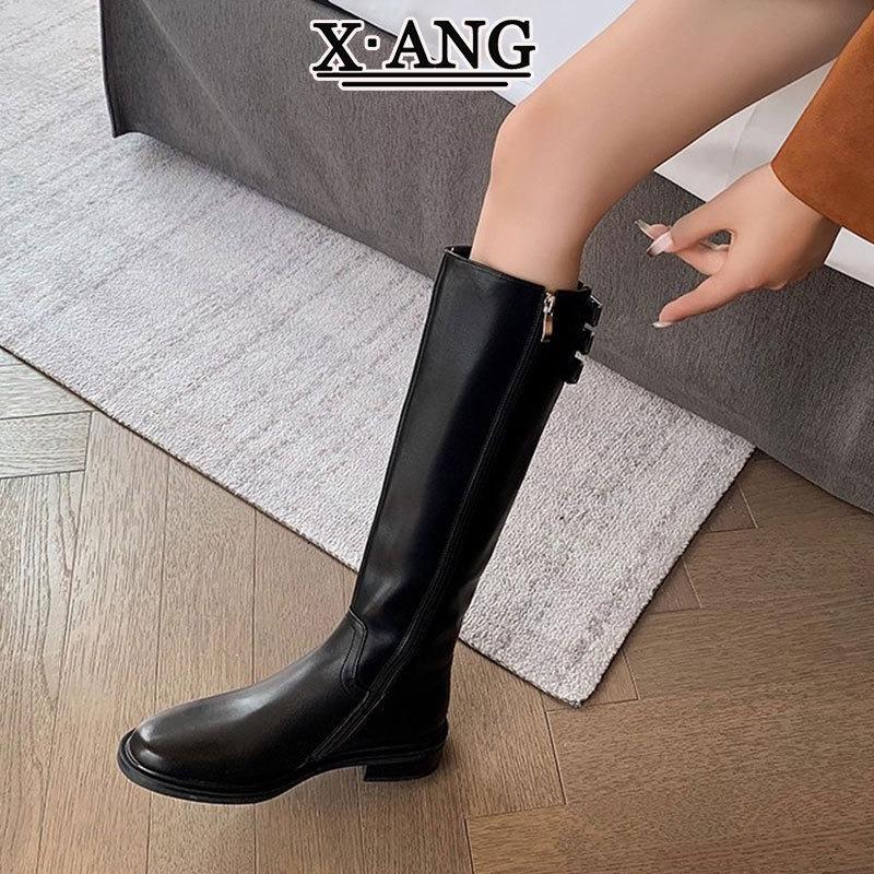 Cowhide version brown boots women's thin boots new autumn and winter thick heel knight boots but knee high boots