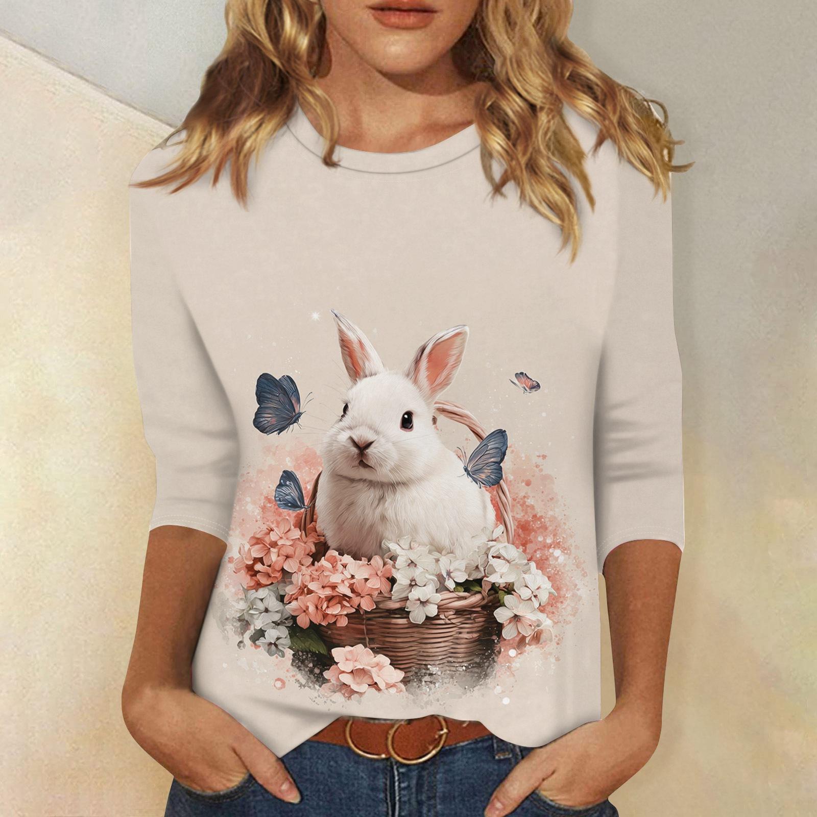 

Women s Fashionable Casual Easter Bunny And Egg Print Neck Three-Quarter Sleeve T-Shirt XL бежевий