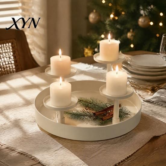 Bionic Floral Art Display Metal Pillar Candle Holder, Circular 4-Pillar Tiered Stand Durable Rust Resistant Holder for Christmas, Wedding, Dining