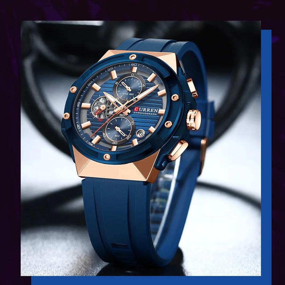 CURREN Fashionable Sports Multifunctional Chronograph Quartz Watch with Silicone Strap Creative Design Dial Luminous Hands