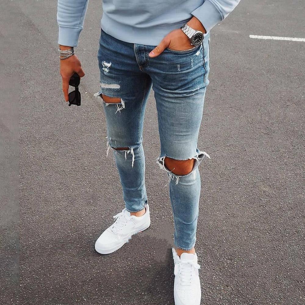 Men's Jeans Trendy Knee Breaks Zipper Calf Pants Torn Mens Denim Trousers
