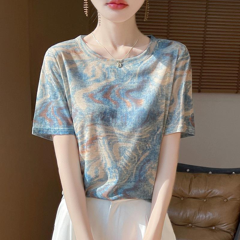 Women's New Summer Tie-dye Ink Painting Short-sleeved Casual Versatile Thin Positive Shoulder Round Neck T-shirt