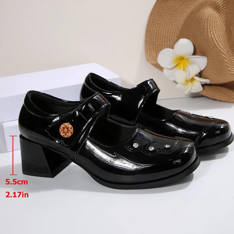Waterproof Platform High Heels Women's Chunky Heel 2025 New Arrival Elegant Black Patent Leather Buckle Thick Sole Mary Jane
