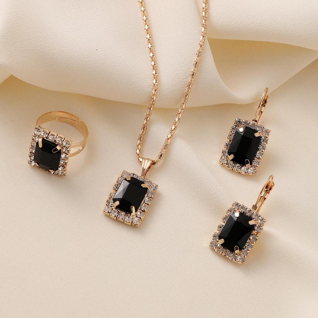 Juego de Joyería de 3 Piezas para Mujer de Alta Gama: Collar Geométrico con Diamantes, Pendientes y Anillos