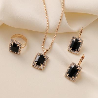 High-End Women's 3-Piece Jewelry Set: Geometric Diamond-Studded Necklace, Earrings & Rings