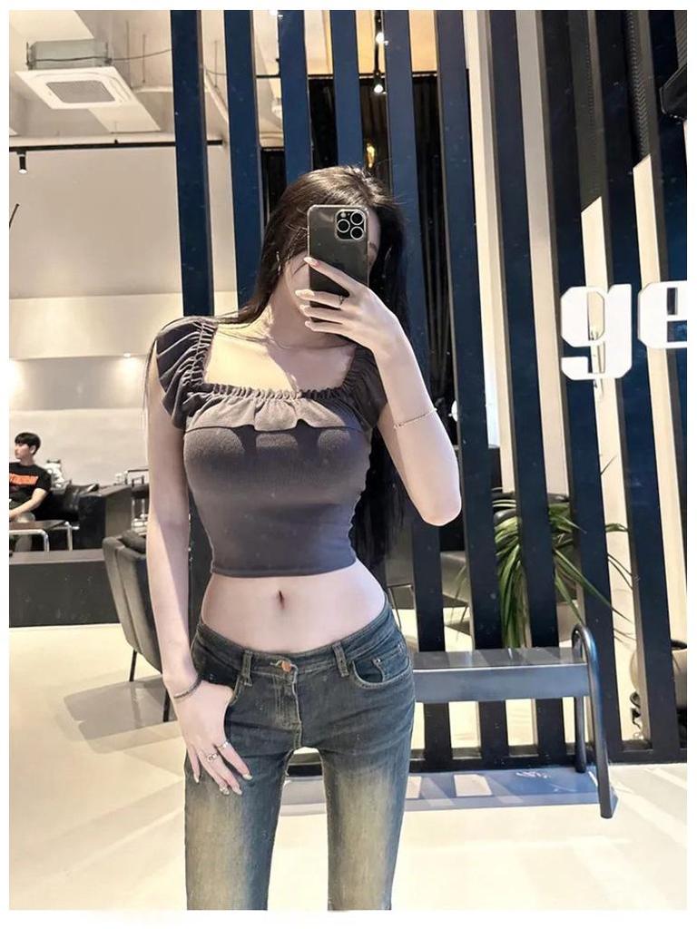 Korean Dongdaemun Off-Shoulder Ruffle Crop Top: Slimming, Sexy, Pure Desire Style for Women