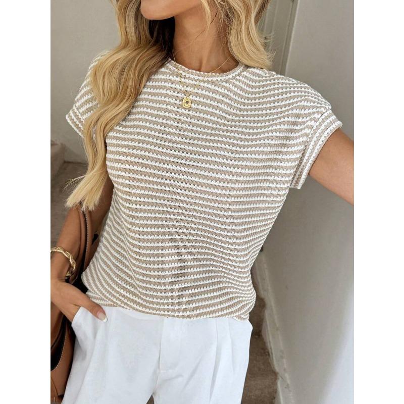 Summer New Women's Round Neck Pullover Two-color Knitted Short-sleeved Top