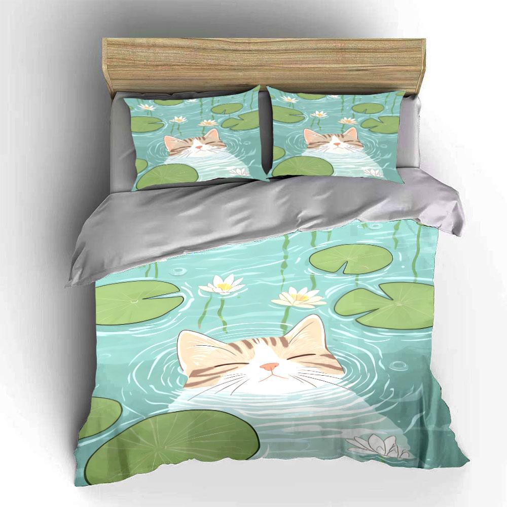 Cat Lily Pond Art Set Soft Comfortable Duvet Cover Bedding Set Included 1*Duvet Cover & 2*Pillowcases, Gift