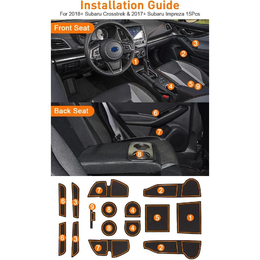 Cup Holder Erts For Subaru Crosstrek Accessories      2018, For Subaru Impreza 2017- Center Console Mat Non-Slip Door Pocket Liners (15Pc, Orange)