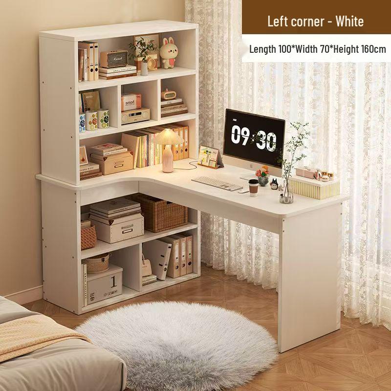 Compact Corner Computer Desk with Integrated Bookshelf & Vanity for Bedroom or Home Office