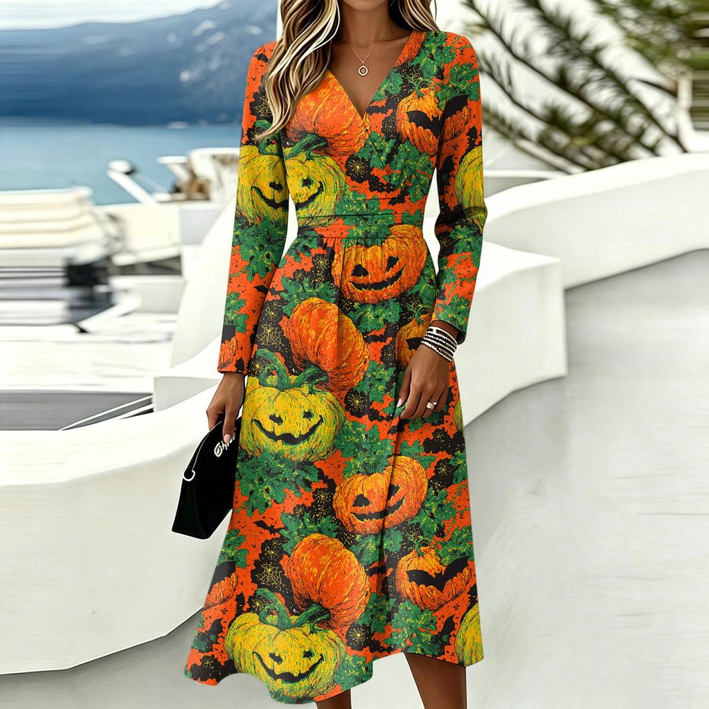 Women's Stylish Halloween Print Long Sleeve V-Neck Casual Dress with Pockets