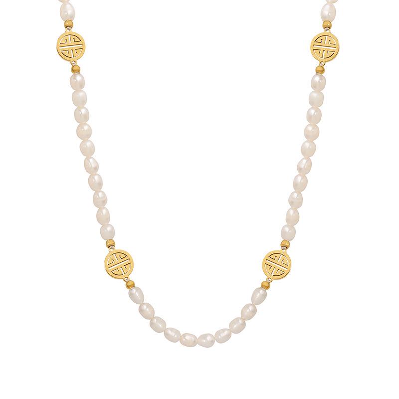 Vintage-Inspired Noble 'Fu' Pendant Freshwater Pearl Necklace - Personalized Jewelry In 18K Gold-Plated Titanium Steel