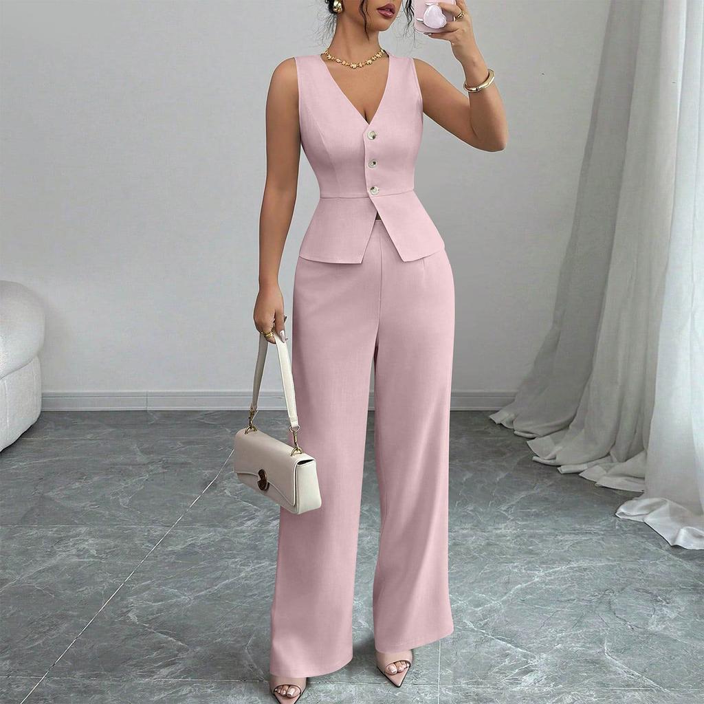 Women's 2-Piece Fashion Casual Sleeveless Tailored Vest + V-Neck Loose Top + High-Waisted Wide-Leg Pants Loungewear Set