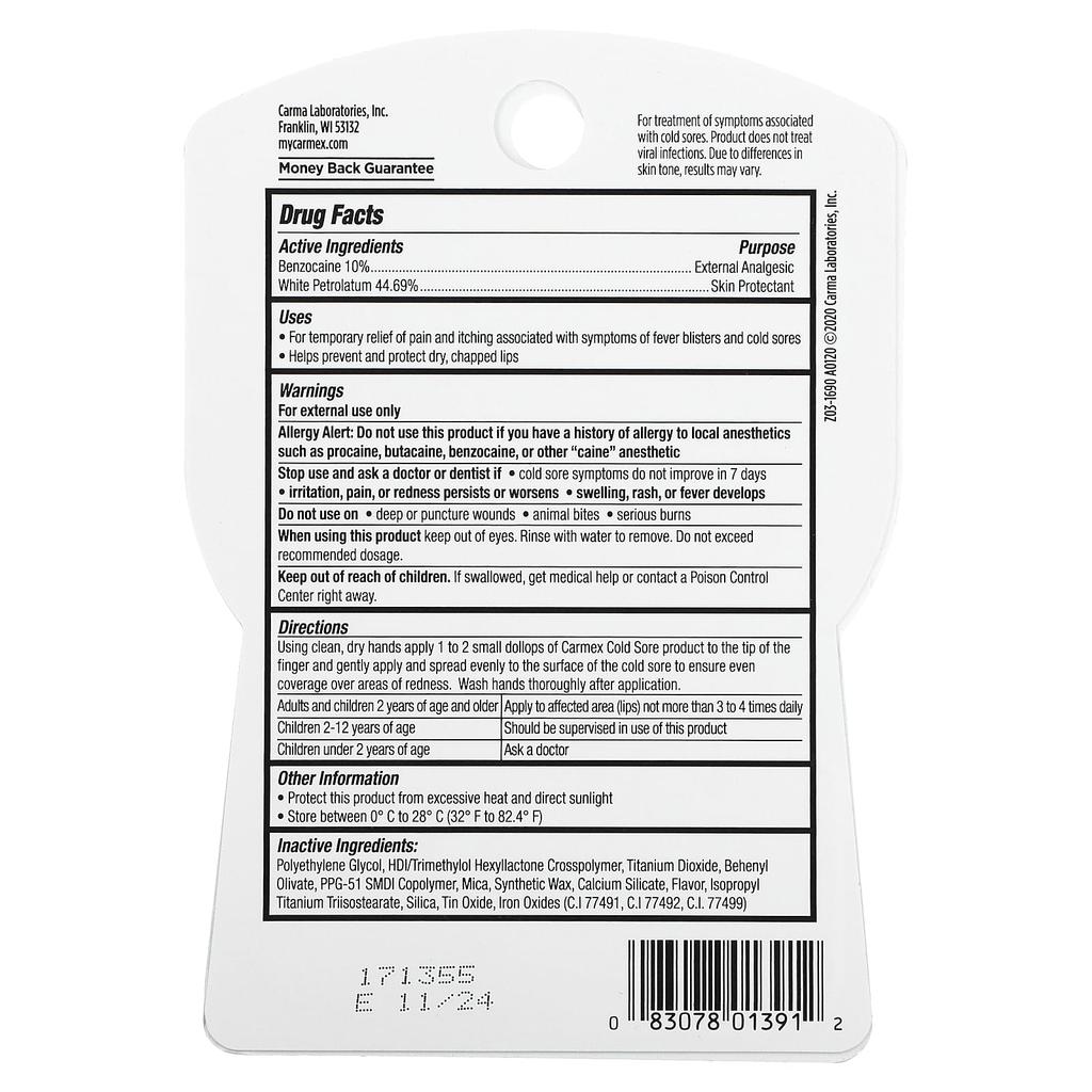 Carmex Multi-Symptom, 3 In 1 Cold & Herpes Treatment, 2 G (0.07 Oz)