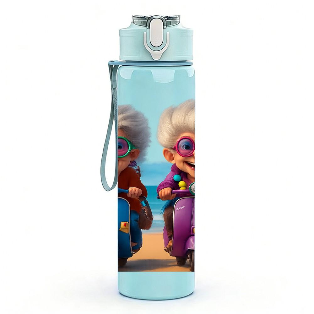 1PC Two Elderly Ladies Cartoon Print 750ml Color Plastic Sports Water Bottle Leakproof Flip Straw Lid Suitable for Sports Office Home Use