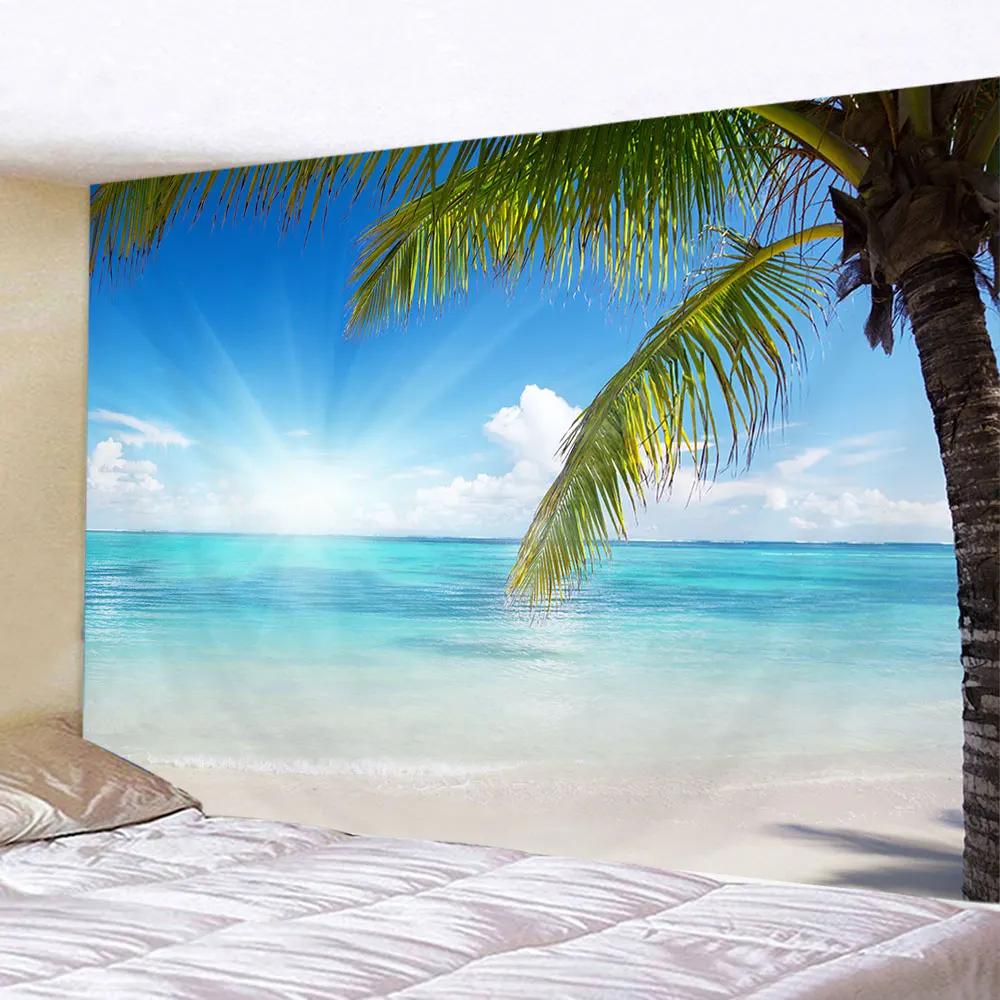 Seaside Coconut Tree Landscape Tapestry Nature Sea Art Ocean Beach 3D Print Wall Hanging Home Living Room Background Cloth Decor