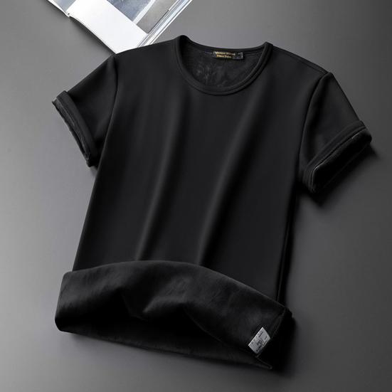 Yousheng Men Summer Top Plush-lined Short Sleeves Round Neck Solid Color Pullover Basic Top Elastic Bottoming Clothes