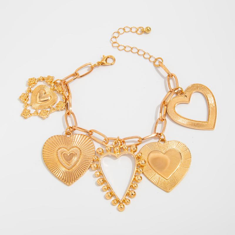 

Классический браслет с подвеской в виде большого сердца для женщин, винтажный браслет-цепочка с геометрическими шармами с полым узором, модное ювелирное изделие в подарок золотой