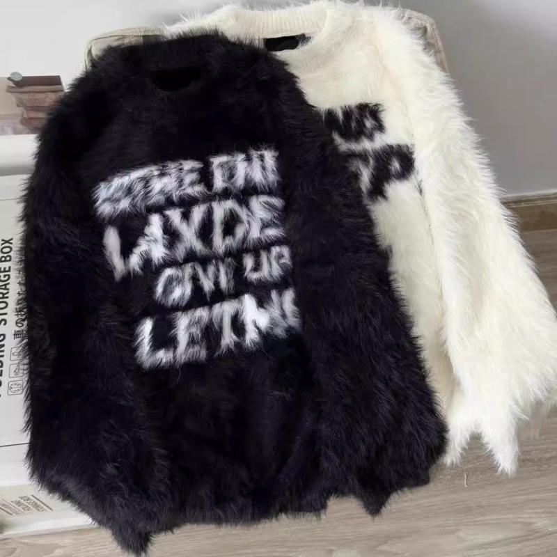 Letter Mink Sweater for Women Loose Versatile Knitted Contrast Round Neck Pullover Top