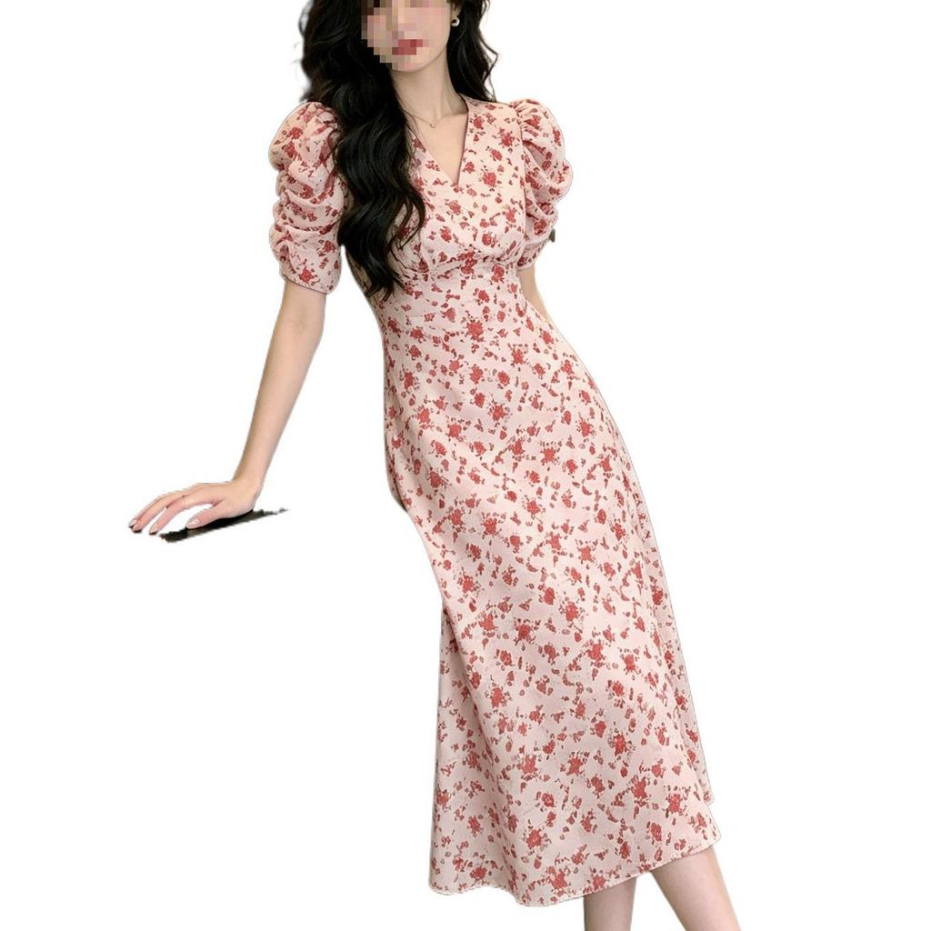 Summer sweet wind bubble sleeves V-neck floral dress women's high waist slim and thin A-shaped long skirt wholesale
