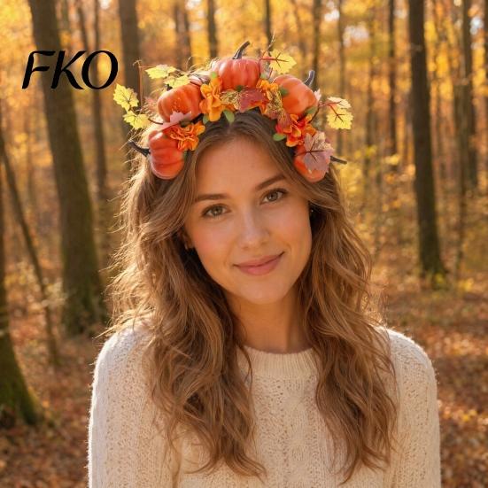 Herbst Ernte Haarschmuck Halloween Reifen, Schwarzes Stirnband mit 3D Kürbis Herbstlaub Reifen Rote Blumen, Universell Thanksgiving Tag Party