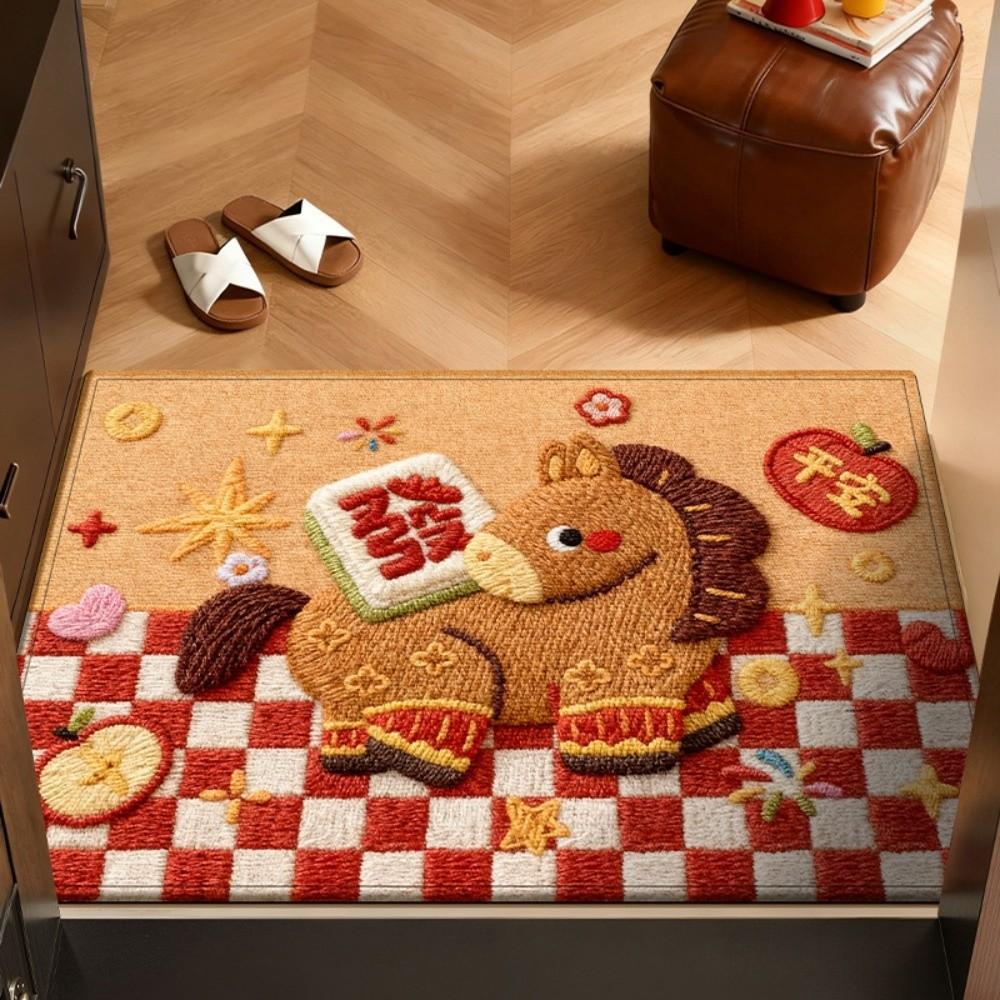 Weaving Texture Horse Floor Mat Blessing Words Quick Dry 2026 New Year Anti Slip Mat Convenient Cartoon Pony Door Mat
