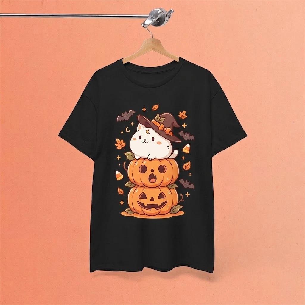 Pumpkin Cat Halloween Spooky Witchy Black T Shirt, Gift For Fans L