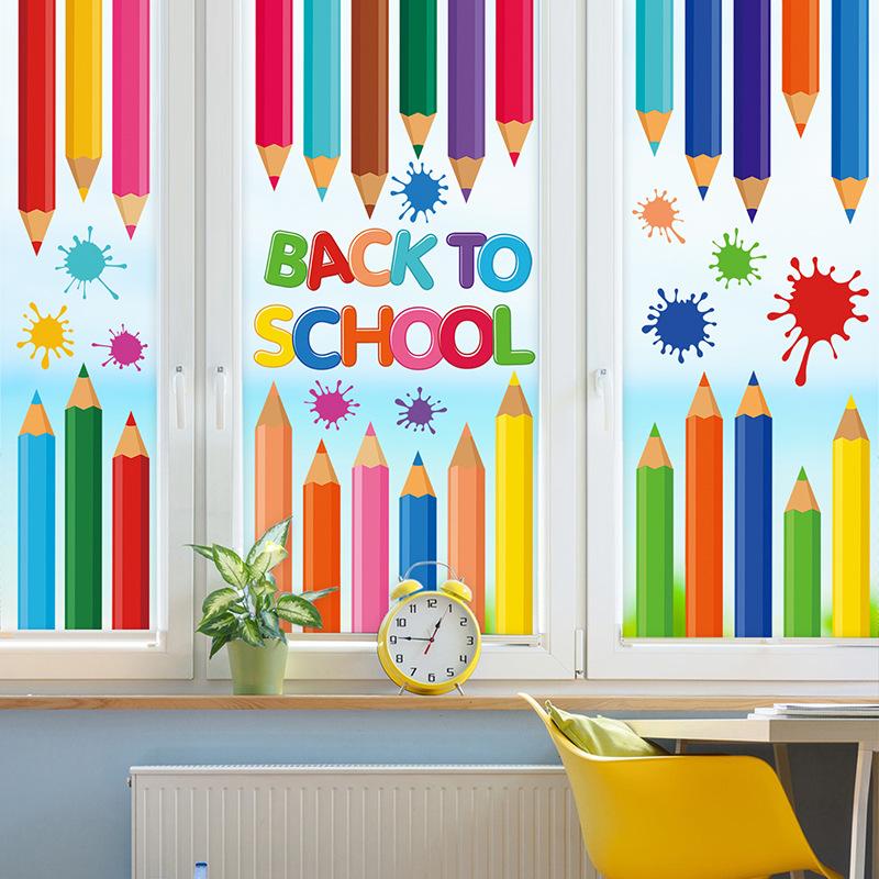 Colorful Pencil Window Stickers for Children's Back To School Season Classroom Glass Window Decoration Electrostatic Traceless Window Clings