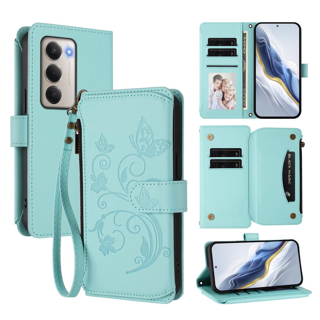 Pro Xiaomi Redmi 15 4G (EU) (171 mm) Kožené pouzdro Motýlí květinový potisk Peněženka na zip Stojánek Kryt s poutkem na zápěstí