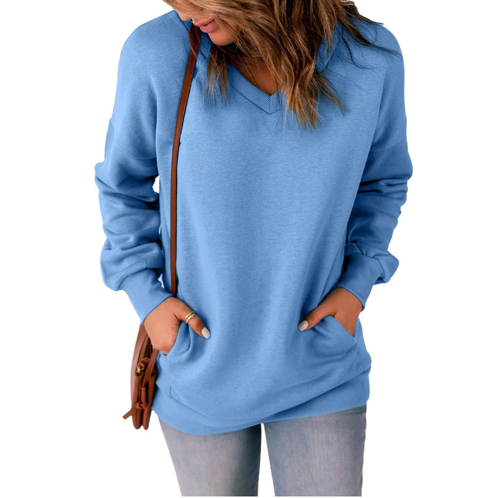 

Женская повседневная толстовка с v-образным вырезом, свободные мягкие пуловеры с длинными рукавами, однотонные рубашки с боковыми карманами XL небесно-голубой